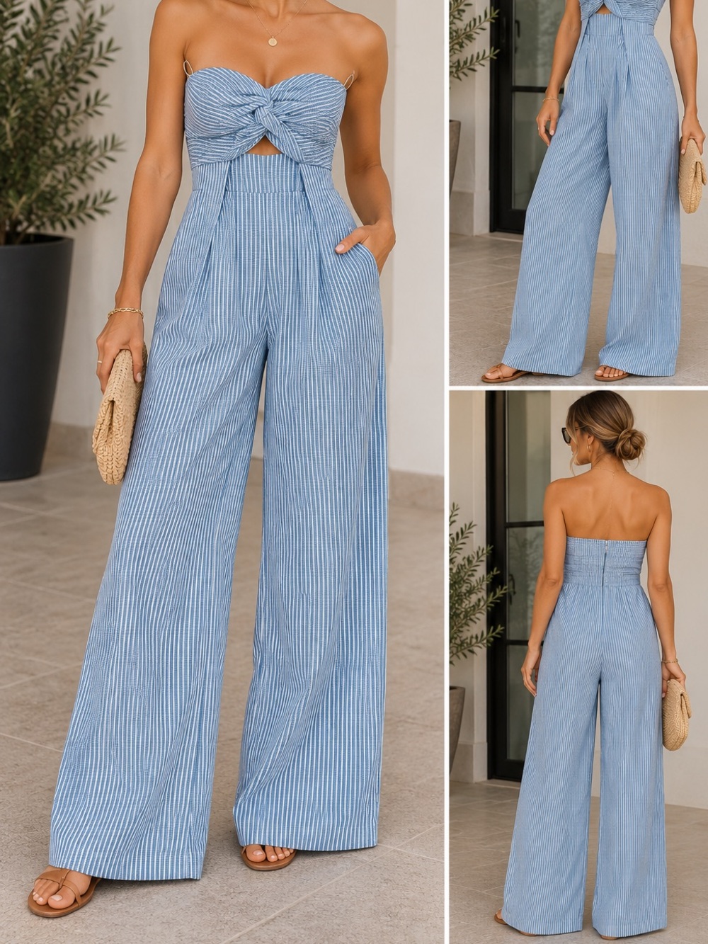 Zara Striped Light Blue Strapless Wide-Leg Jumpsuit